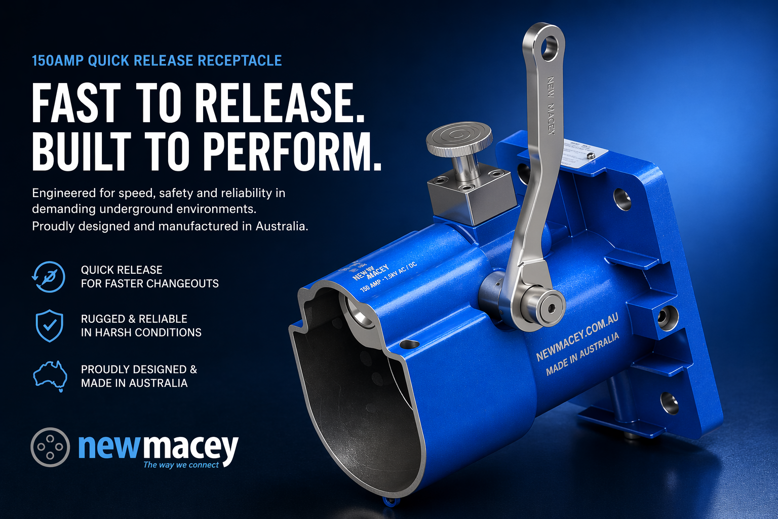 Original New Macey quick-release campaign graphic featuring the blue 150 amp receptacle and stainless steel handle