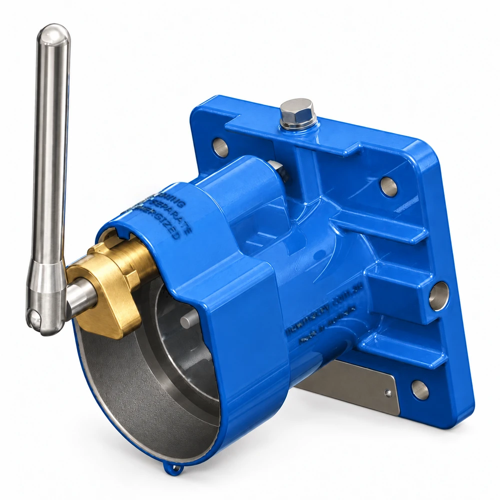 New Macey 60 amp restrained receptacle, showing its stainless lever, brass cam and blue cast housing