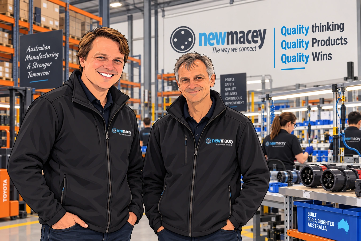 New Macey Vision: two men in New Macey jackets in an illustrated manufacturing scene