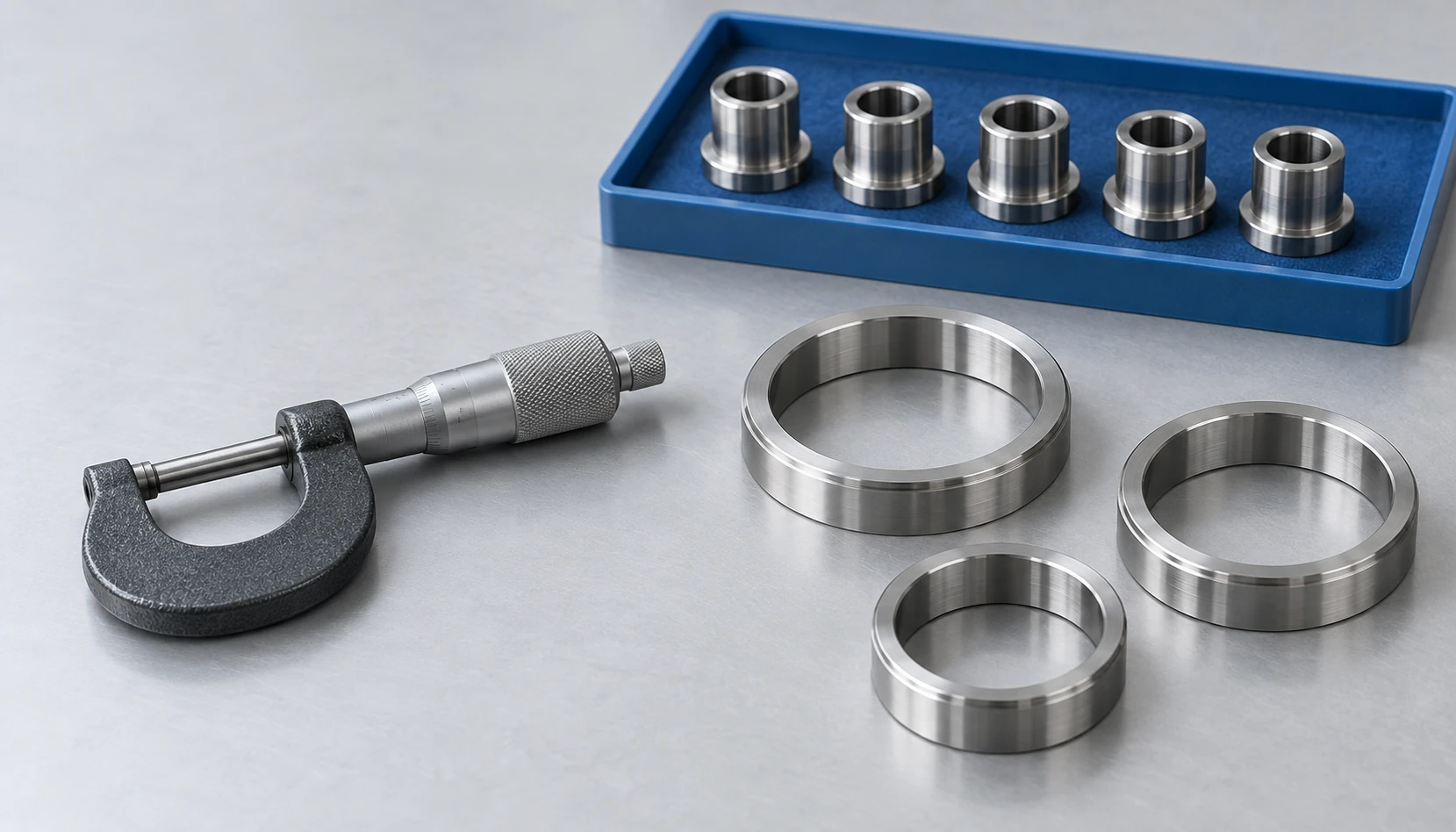Illustrative study of machined stainless steel rings, bushings and a precision measuring tool