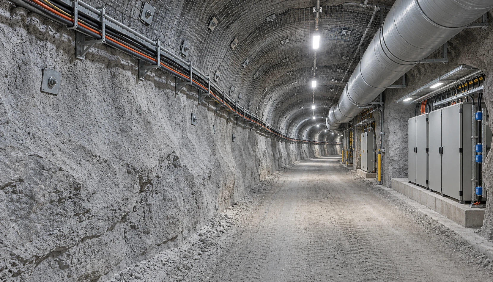 Concept illustration of a well-lit hard-rock mine service tunnel with shotcrete, mesh, rock-bolt plates and organised services