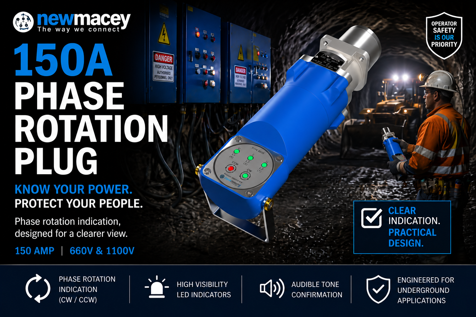 New Macey 150A phase rotation campaign graphic showing the plug and an underground mining environment