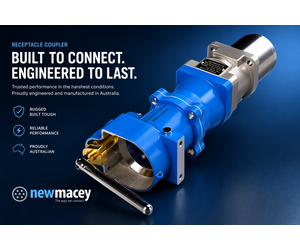 Original New Macey adaptor campaign graphic: Built to connect. Engineered to last, with the blue and stainless steel adaptor