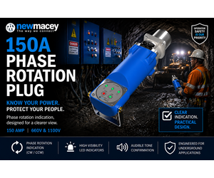 New Macey 150A phase rotation campaign graphic showing the plug and an underground mining environment