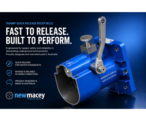 Original New Macey quick-release campaign graphic featuring the blue 150 amp receptacle and stainless steel handle