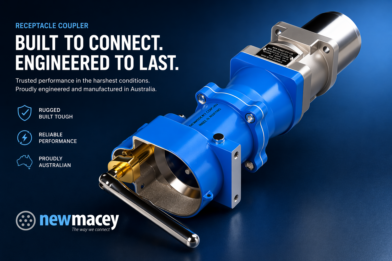Original New Macey adaptor campaign graphic: Built to connect. Engineered to last, with the blue and stainless steel adaptor